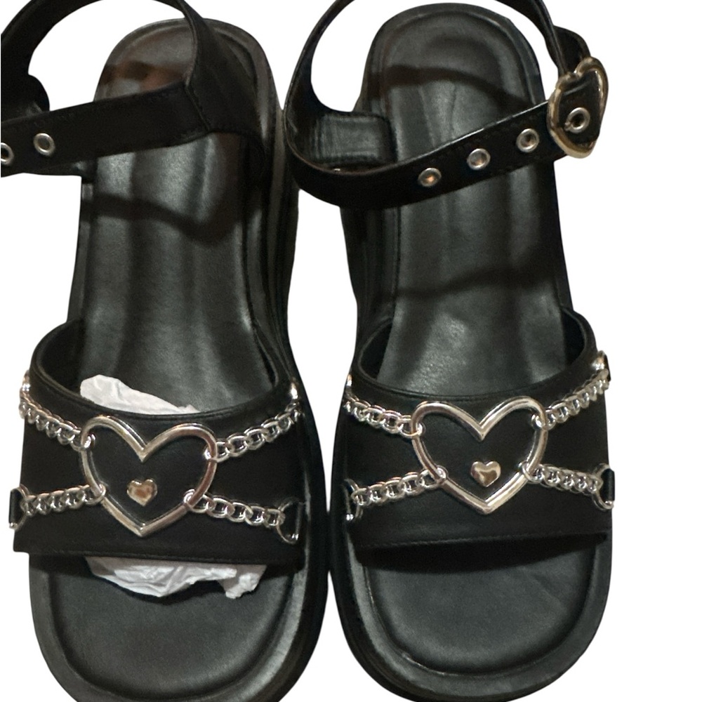 Black Vegan leather MaryJanes Gothic/Punk Heart-Embellished Platform Sandals